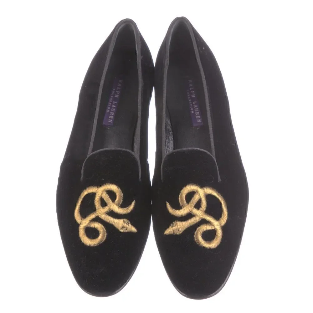 Ralph Lauren Collection Black Velvet Gold Bullion Embroidered Snake Slipper